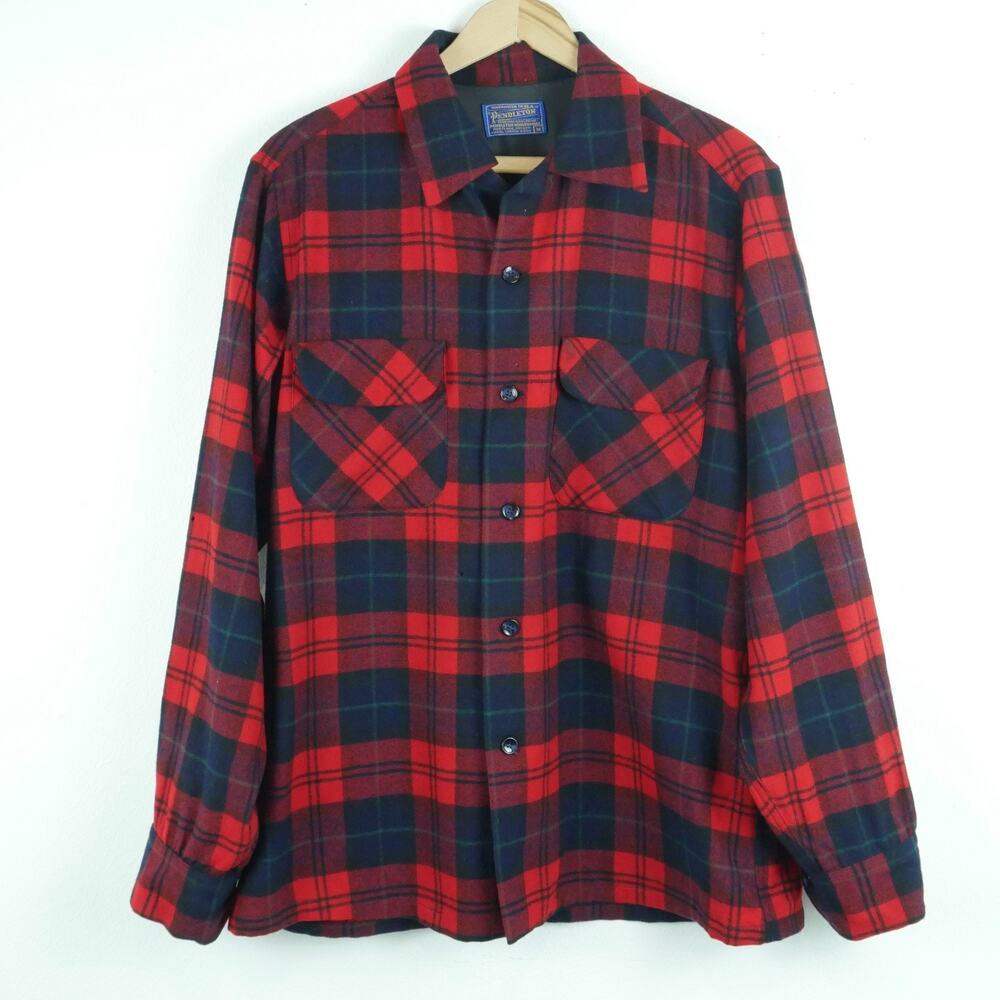VTG 70s‎ Pendleton Board Shirt Red Plaid Wool Flannel Men's M USA Loop Collar